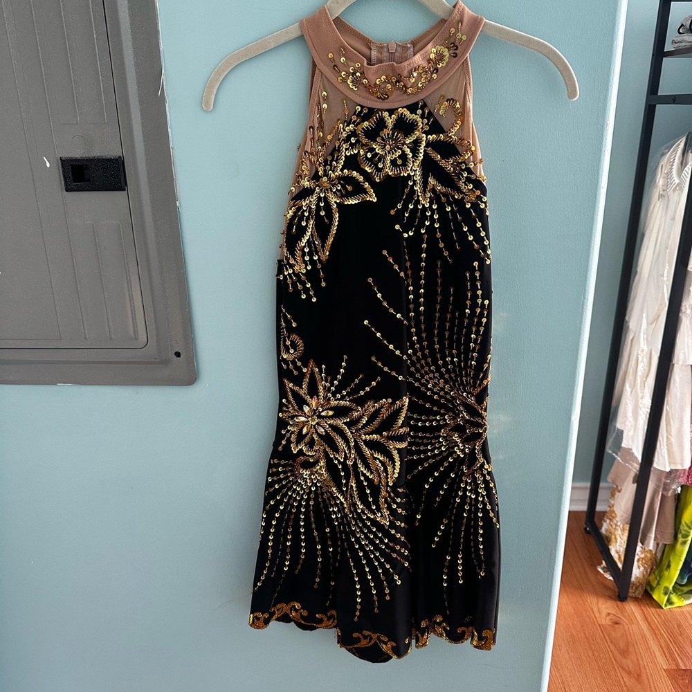 Adult size Elegant Black and Gold Figure Skating Dress